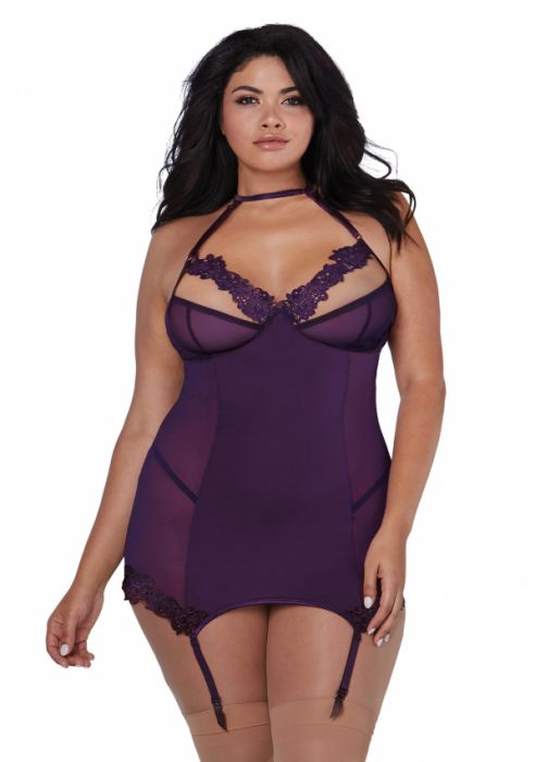 Dreamgirl+%2D+Microfiber+%26+Mesh+Garter+Slip+Plum